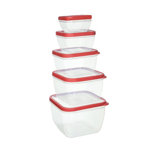 Home Basics 10 Piece Spill-Proof Square Plastic Food Storage Container with Ventilated, Snap-On Lids, Red $5.00 EACH, CASE PACK OF 12