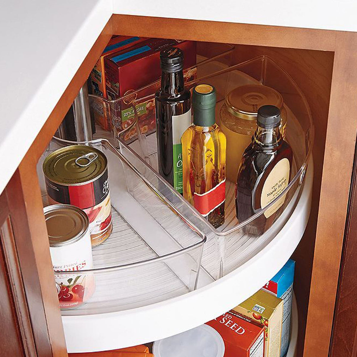 Heavy Duty Plastic Lazy Susan Storage Organizing Bin with Front Cut-Out  Handle, Clear, KITCHEN ORGANIZATION