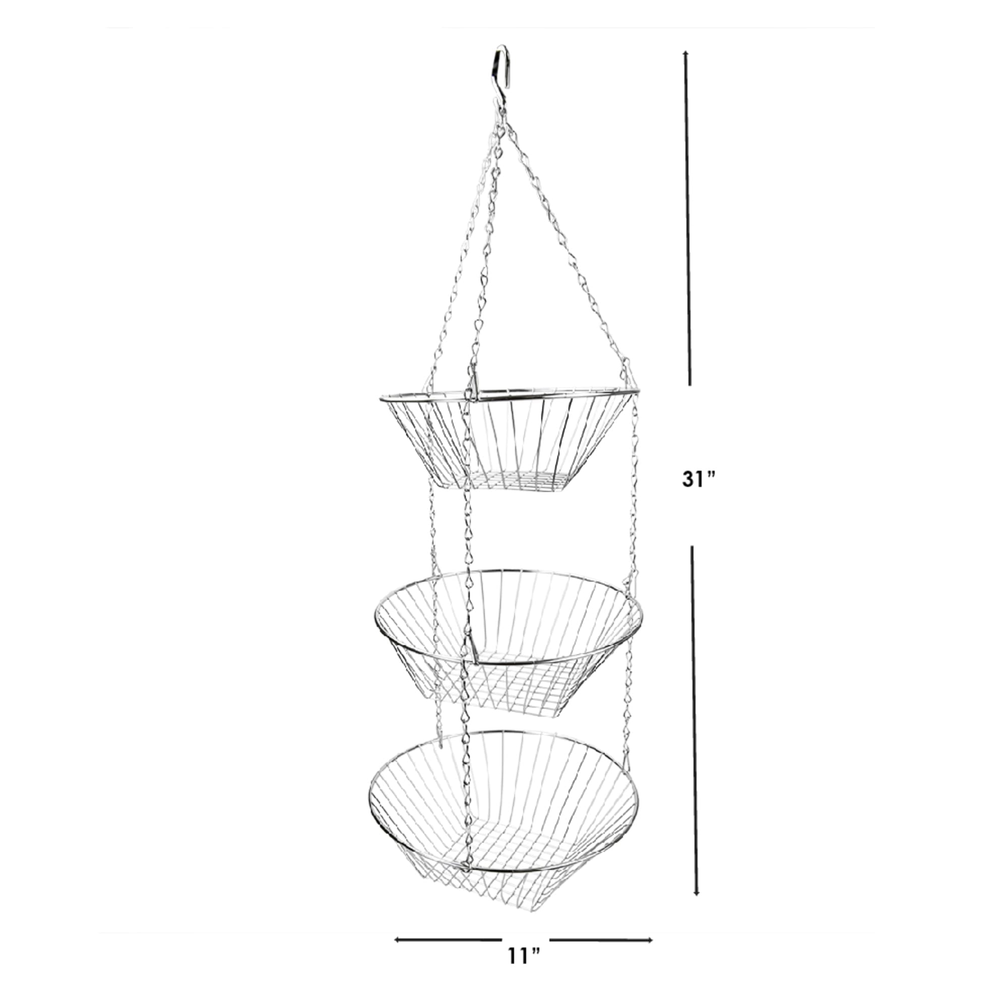Home Basics  3 Tier Wire Hanging Round Fruit Basket, Chrome $8.00 EACH, CASE PACK OF 12
