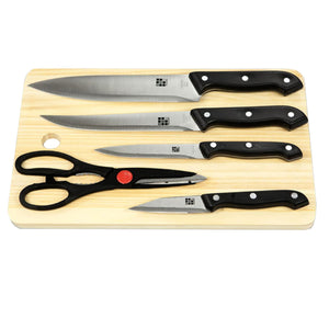 Home Basics Essentials Series 5 Piece Stainless Steel Knife Set with All Natural Wood Cutting Board $5.00 EACH, CASE PACK OF 12