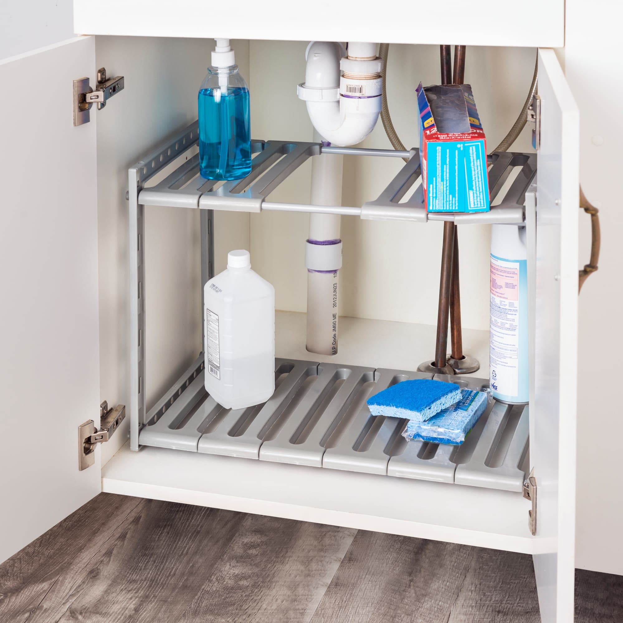 Home Basics 2 Tier Adjustable Multi-Functional Plastic Under Sink Organizer, Grey $10.00 EACH, CASE PACK OF 8