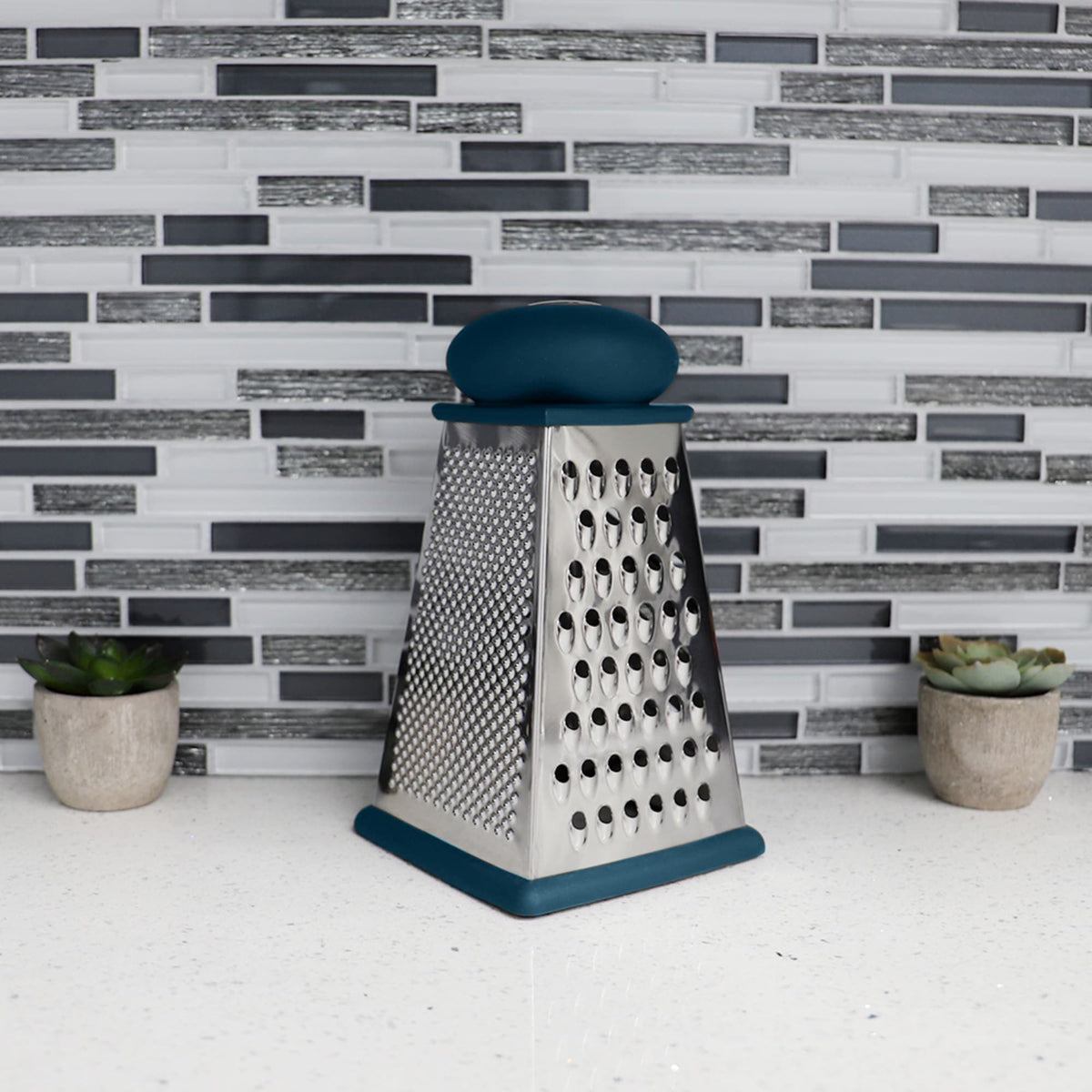 Michael Graves Design Comfortable Grip Non-Skid Pyramid Shaped Stainless  Steel Box Cheese Grater with Handle, Indigo, FOOD PREP