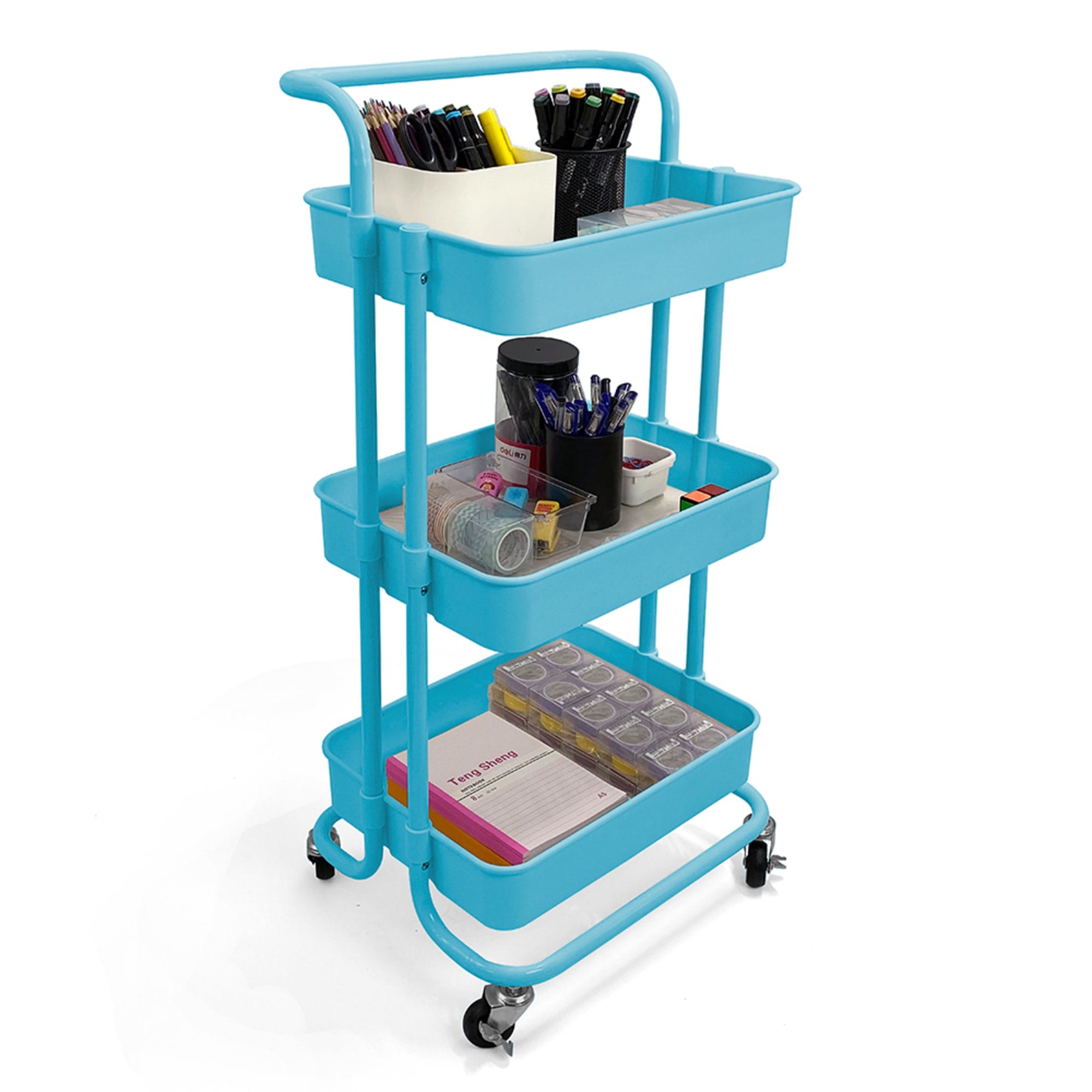 Home Basics 3 Tier Steel Rolling Utility Cart with 2 Locking Wheels, Blue $30 EACH, CASE PACK OF 3