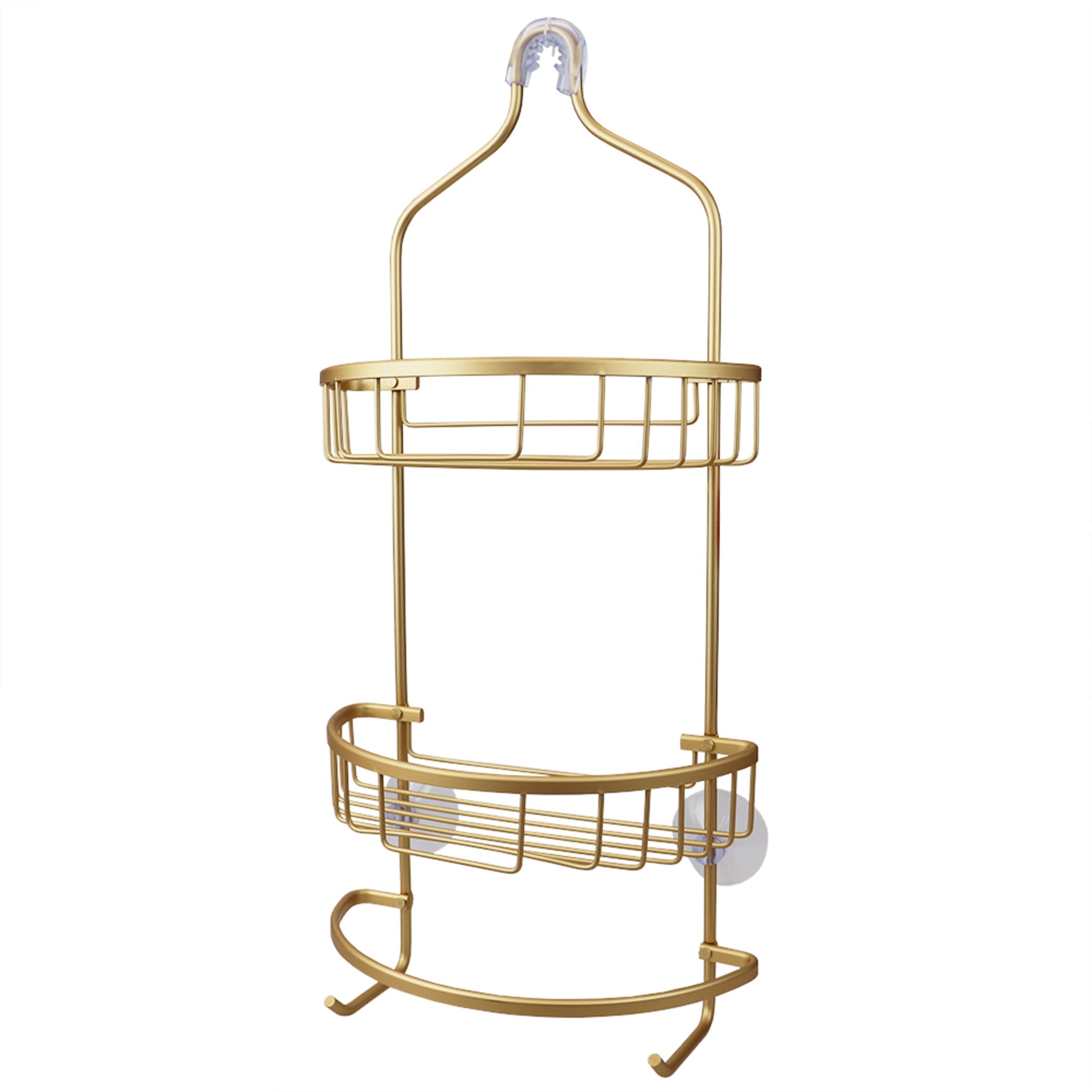 Home Basics 2 Tier Aluminum Suctioned Shower Caddy with Towel Rack and Integrated Hooks, Gold $15 EACH, CASE PACK OF 6