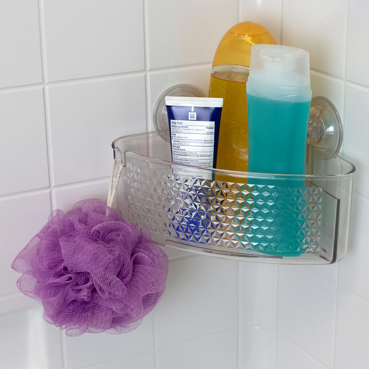 Home Basics Clear Cubic Plastic Corner Shower Caddy with Suction