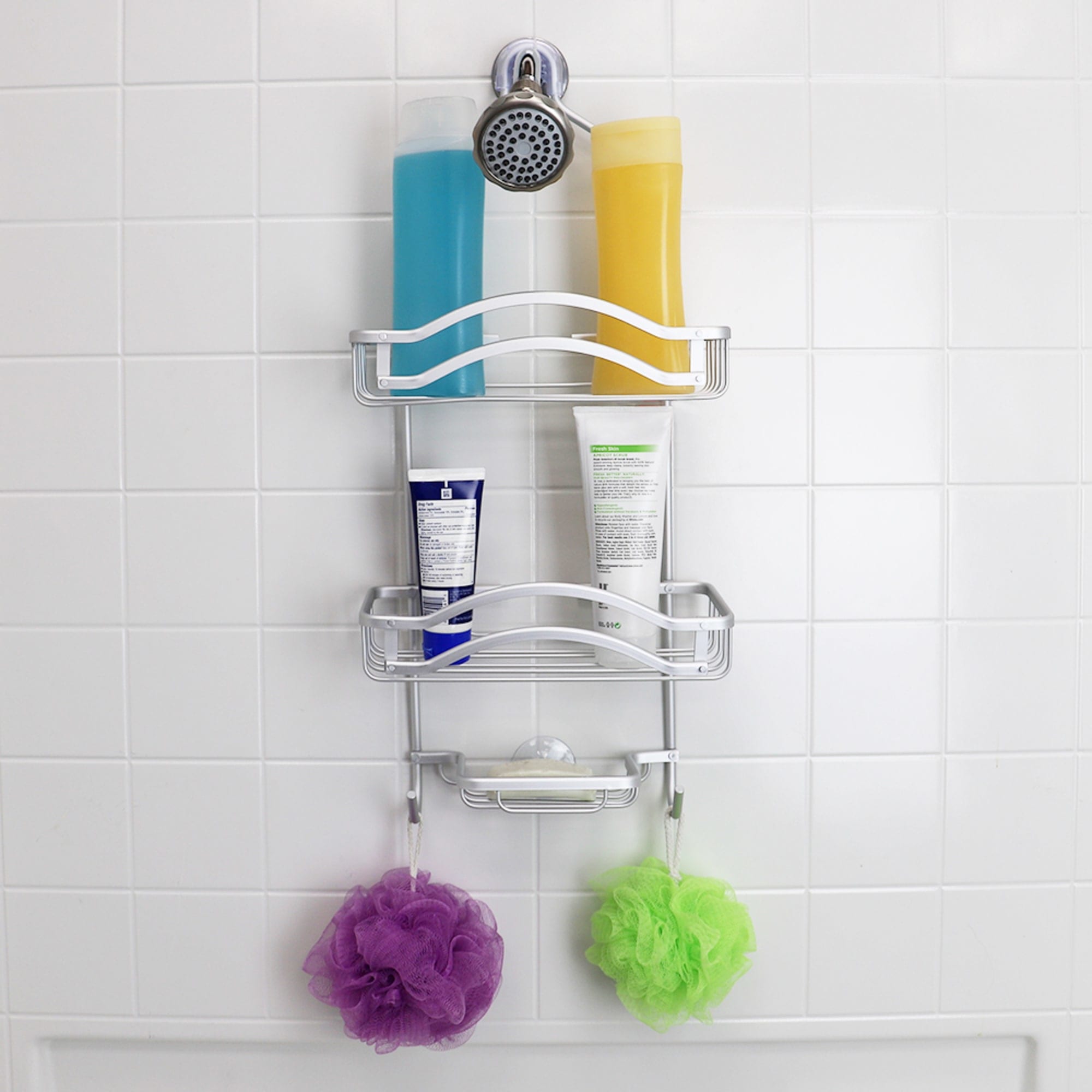 Home Basics Double Wave 2 Tier Aluminum Suction Shower Caddy with Integrated Hooks and Soap Tray, Grey $15.00 EACH, CASE PACK OF 6