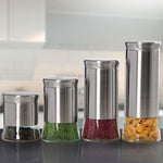Load image into Gallery viewer, Michael Graves Design Essence 4 Piece Stainless Steel Canister Set with Clear Glass Bottom, Silver $15.00 EACH, CASE PACK OF 4