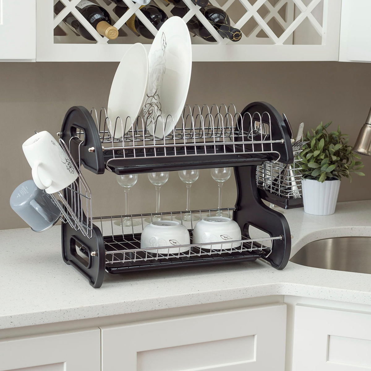 2 Tier Plastic Kitchen Dish Drying Rack with Lid Cover - On Sale