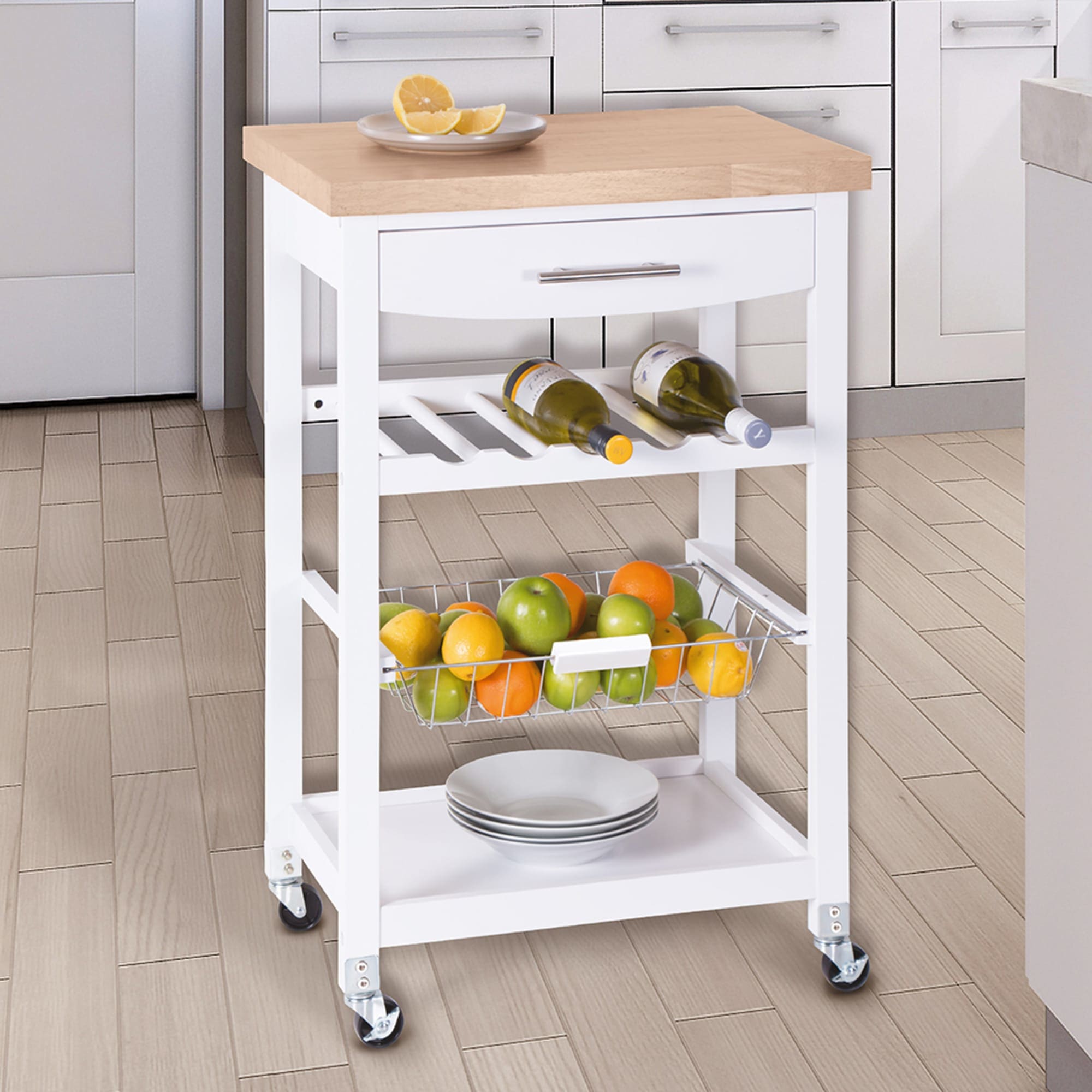 Home Basics 4 Tier Kitchen Trolley with Wood Top, White $100 EACH, CASE PACK OF 1