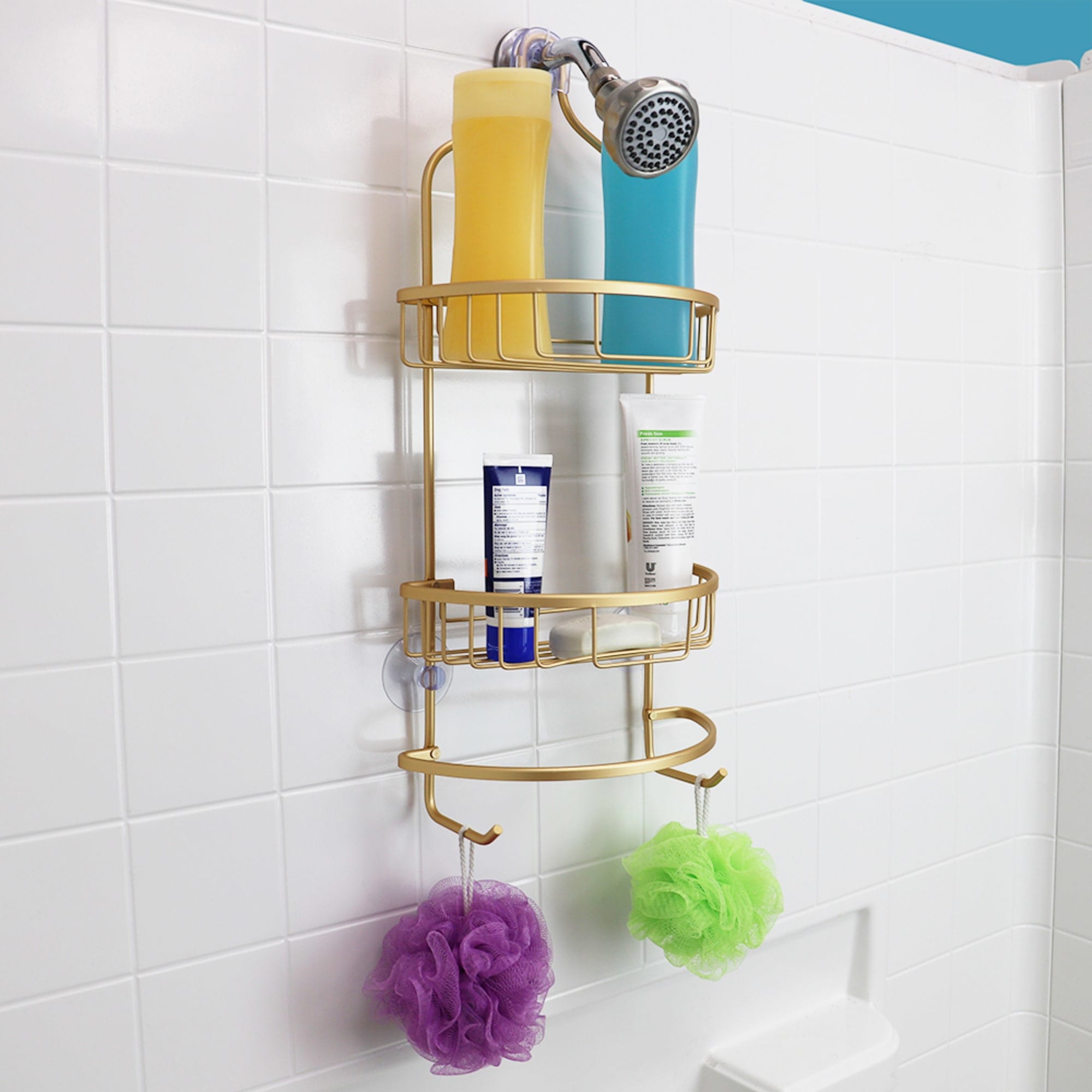 Home Basics 2 Tier Aluminum Suctioned Shower Caddy with Towel Rack and Integrated Hooks, Gold $15 EACH, CASE PACK OF 6