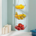 Load image into Gallery viewer, Home Basics  3 Tier Wire Hanging Round Fruit Basket, Chrome $8.00 EACH, CASE PACK OF 12
