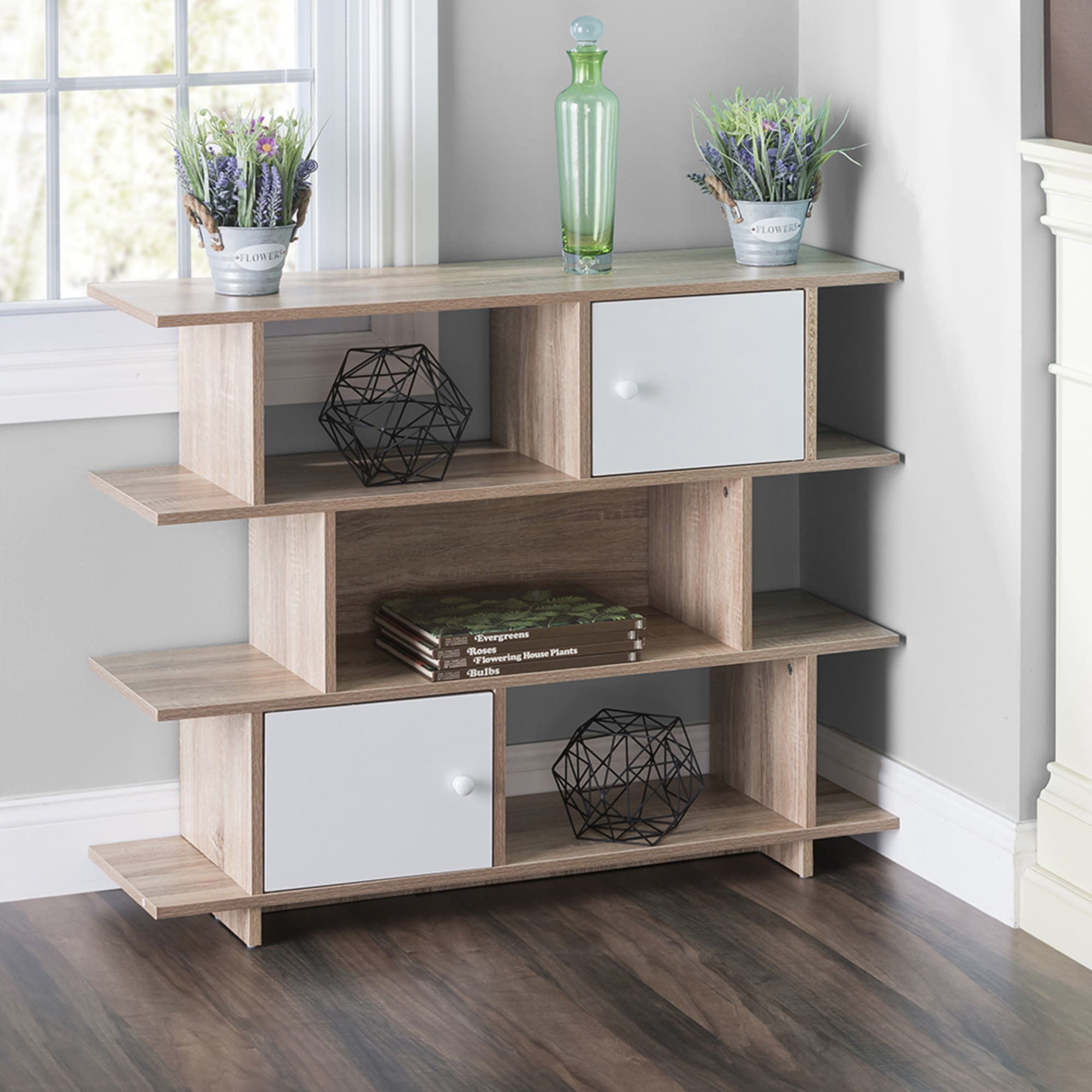 Home Basics 3 Tier Wood Display Book Shelf Organizer Unit with 2 Cabinet Doors, Oak $60 EACH, CASE PACK OF 1