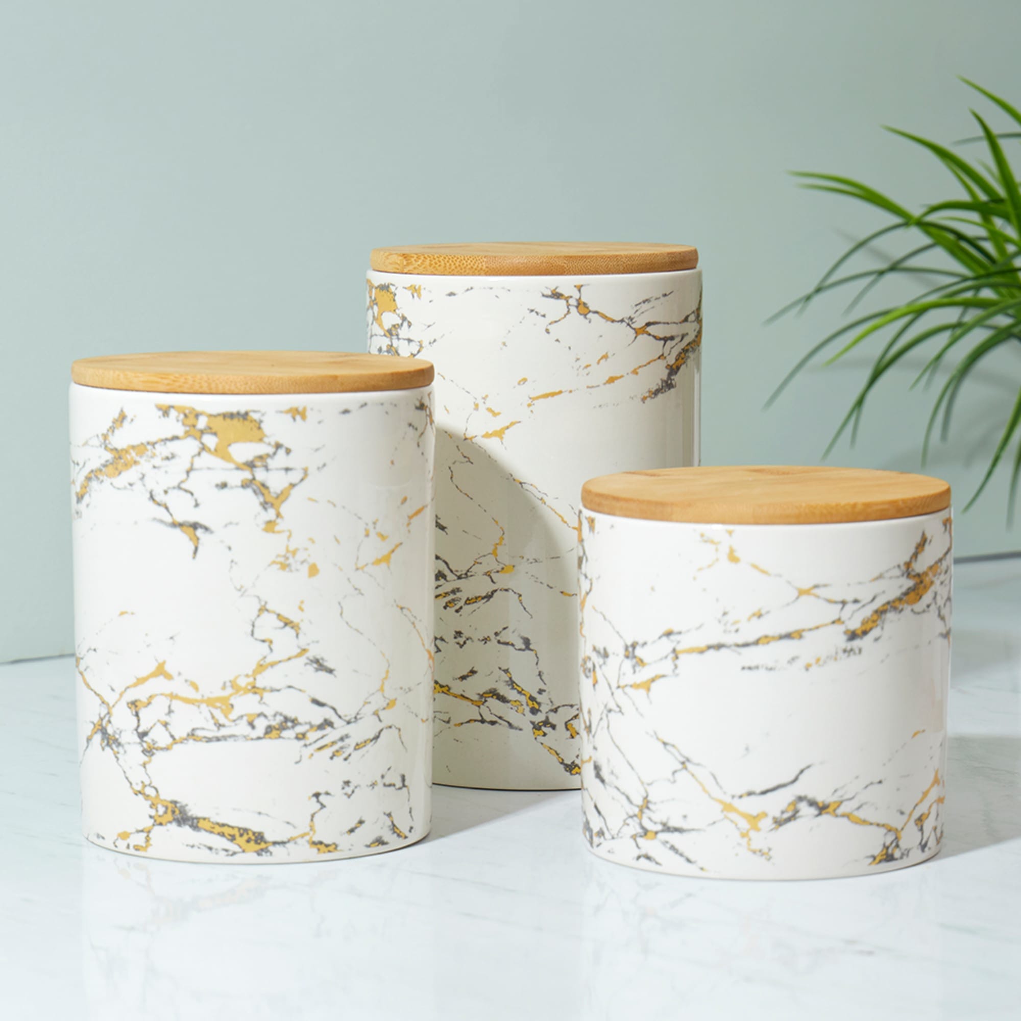 Home Basics 3 Piece Marble Print Ceramic Canister Set With Bamboo Tops, White $20.00 EACH, CASE PACK OF 3