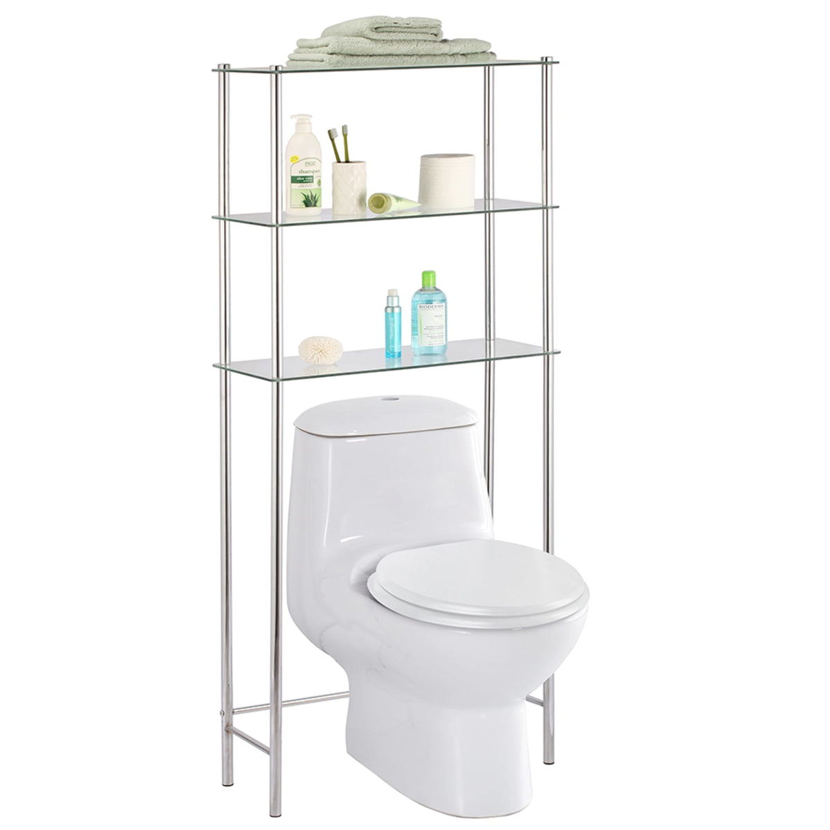 Home Basics (Grey) 3 Tier Wood Space Saver Over The Toilet Bathroom Shelf with Open Shelving and Cabinets