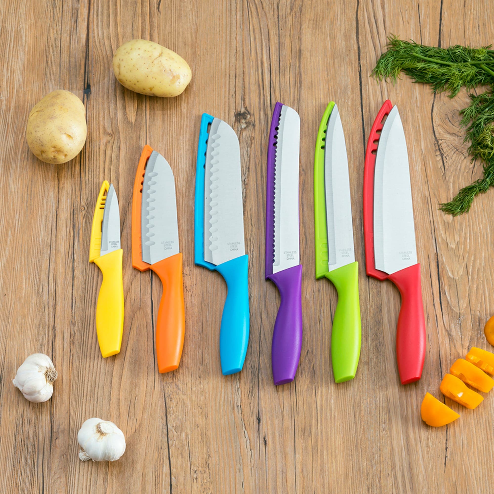 Home Basics 6 Stainless Steel  Knife Set with Colorful Slip Covers $8.00 EACH, CASE PACK OF 12