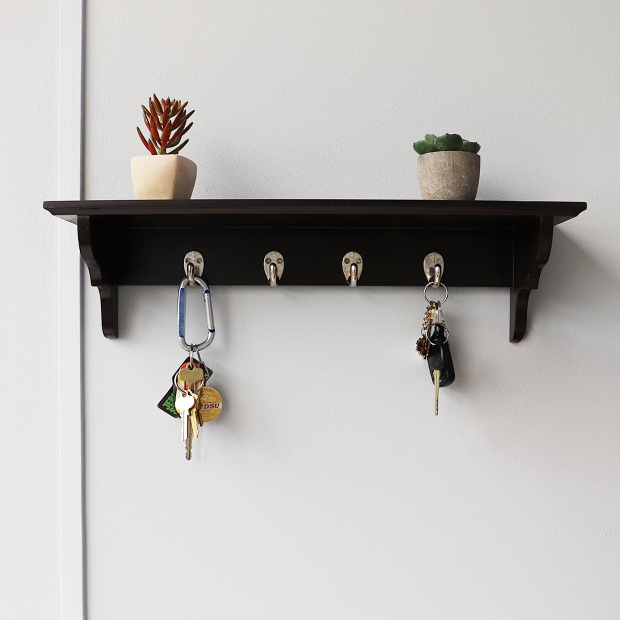 Home Basics Wood Floating Shelf with Key Hooks, Brown $10.00 EACH, CASE PACK OF 6