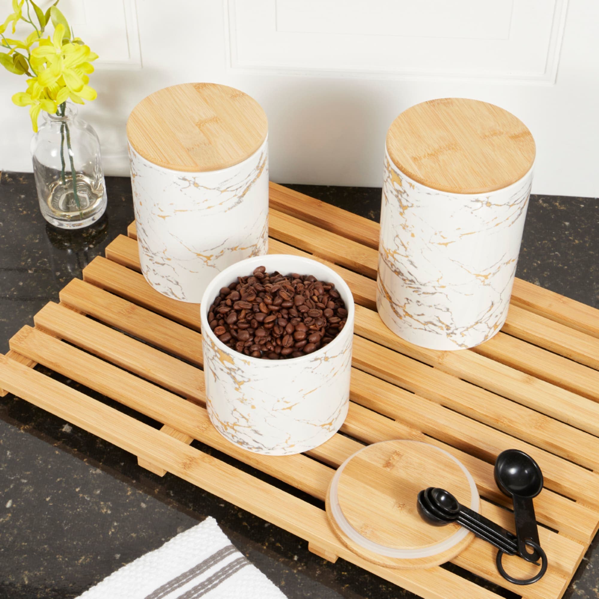 Home Basics 3 Piece Marble Print Ceramic Canister Set With Bamboo Tops, White $20.00 EACH, CASE PACK OF 3