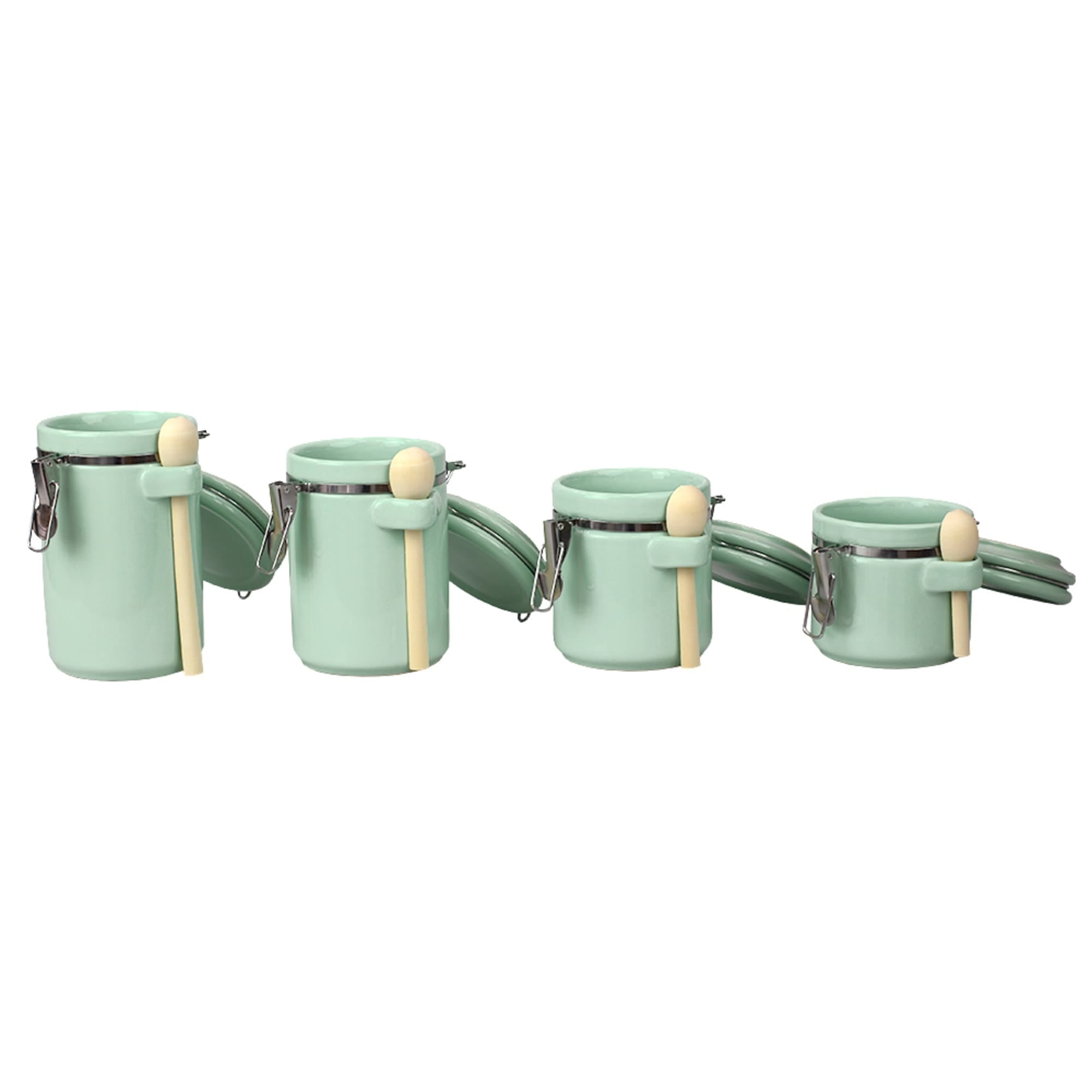 Home Basics 4 Piece Ceramic Canisters with Easy Open Air-Tight Clamp Top Lid and Wooden Spoons, Mint $20.00 EACH, CASE PACK OF 2