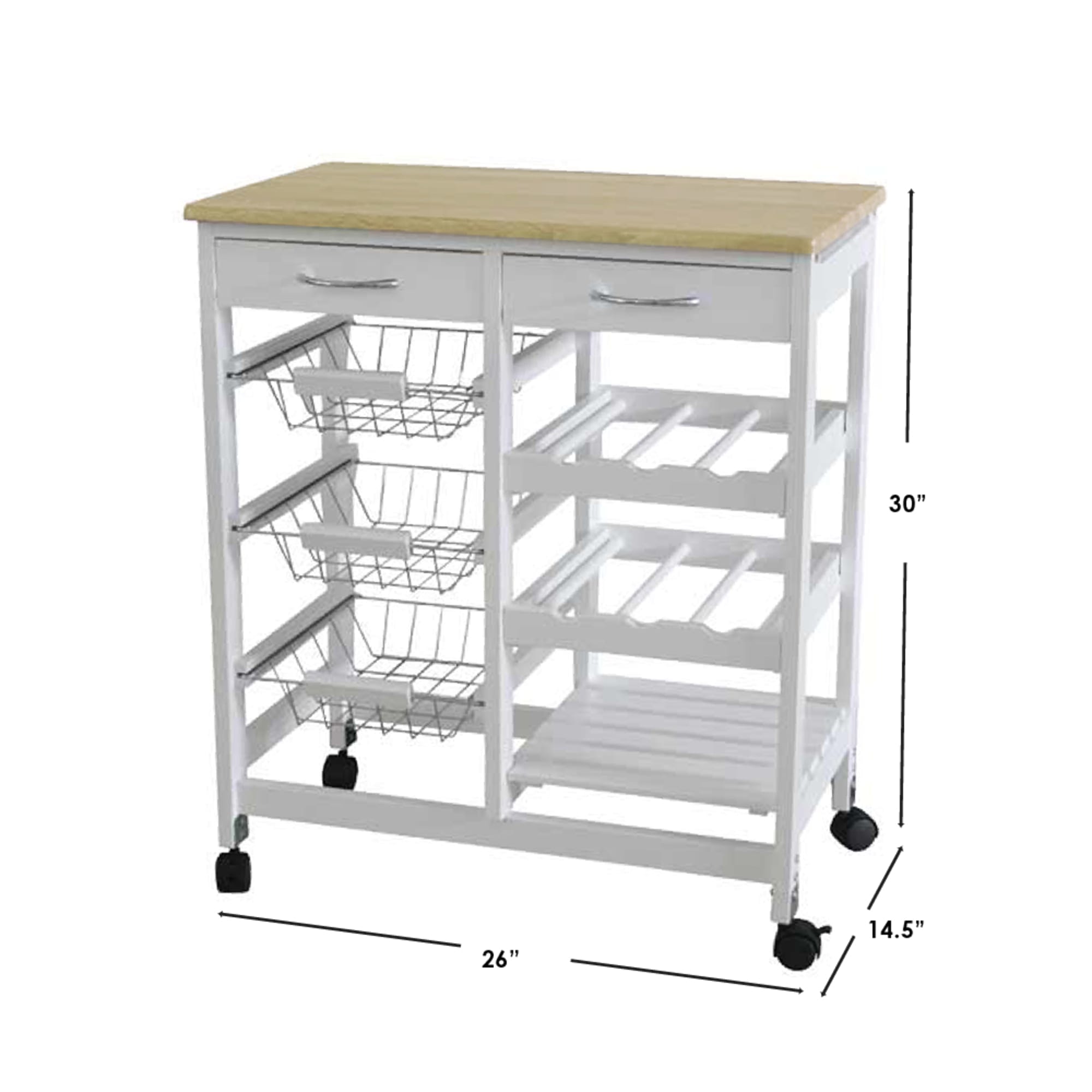 Home Basics Oak Top Rolling Kitchen Trolley with Two Drawers and Three Baskets, White $100.00 EACH, CASE PACK OF 1