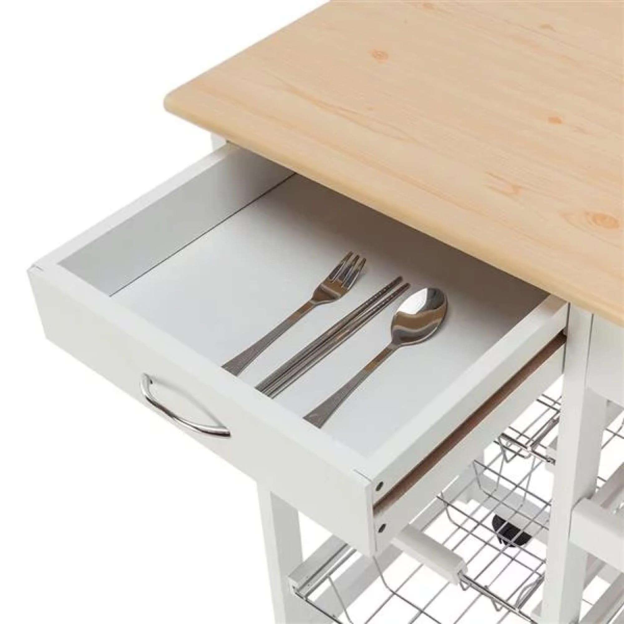 Home Basics Oak Top Rolling Kitchen Trolley with Two Drawers and Three Baskets, White $100.00 EACH, CASE PACK OF 1