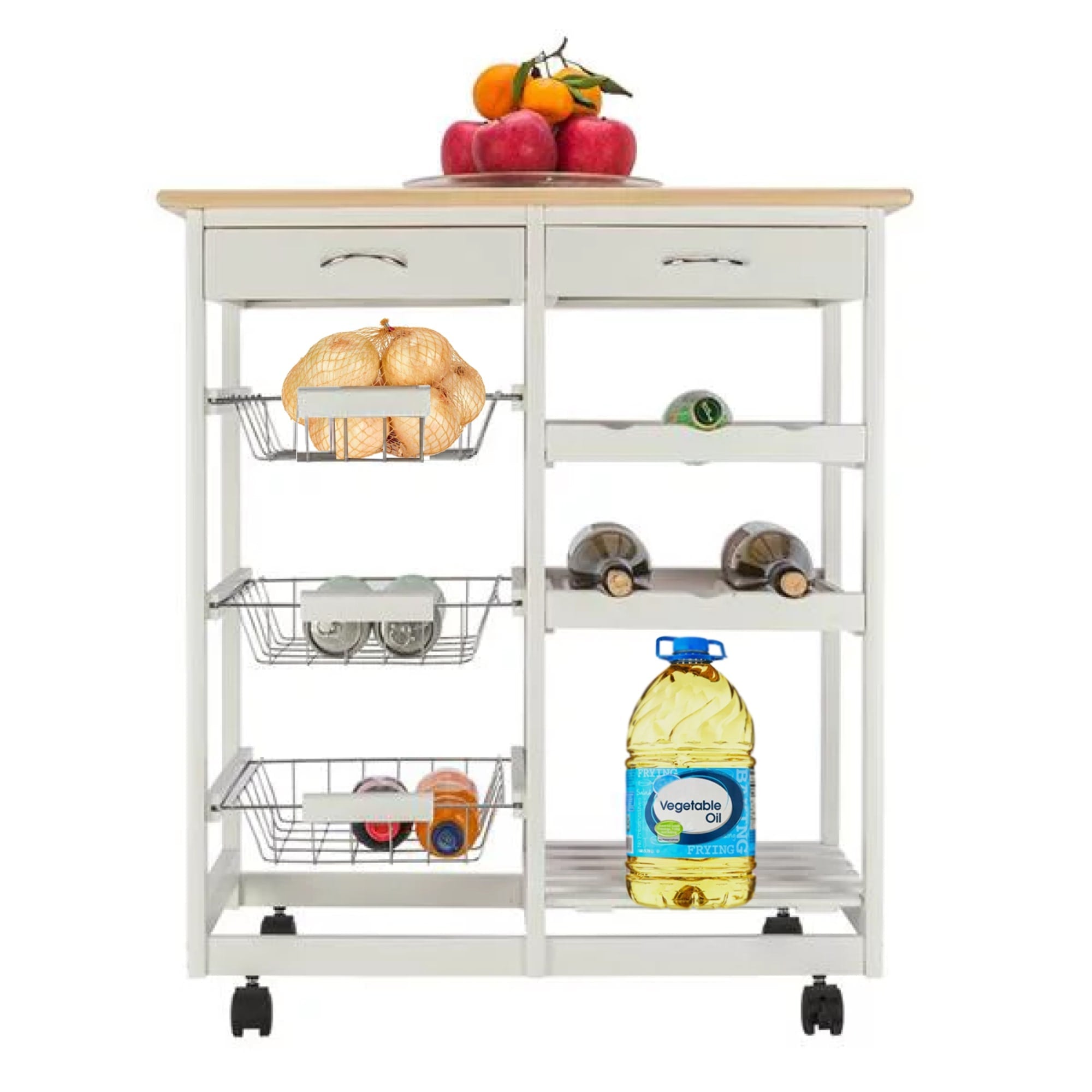 Home Basics Oak Top Rolling Kitchen Trolley with Two Drawers and Three Baskets, White $100.00 EACH, CASE PACK OF 1