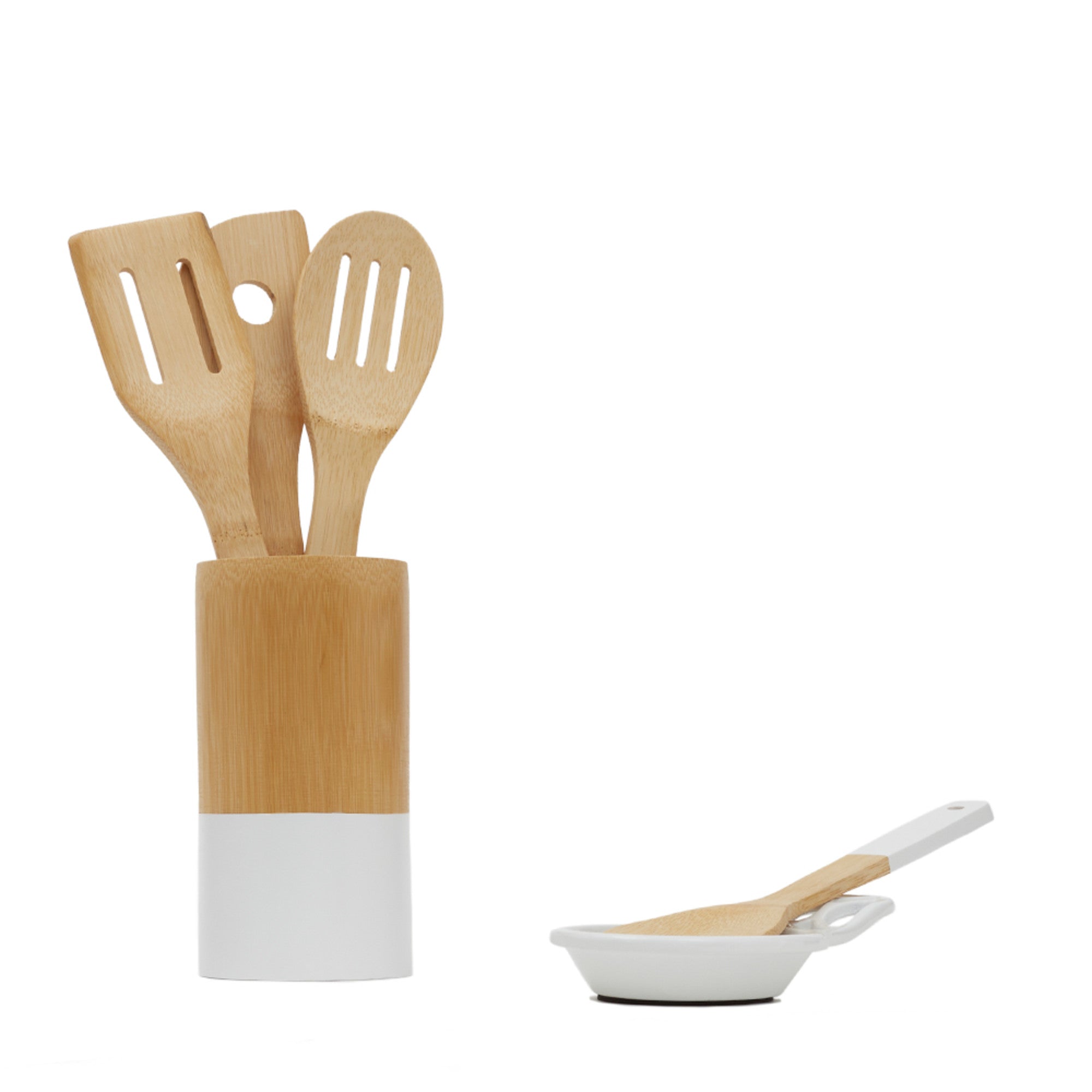 Home Basics 4 Piece Bamboo Cooking Utensil Set with Holder - Silver