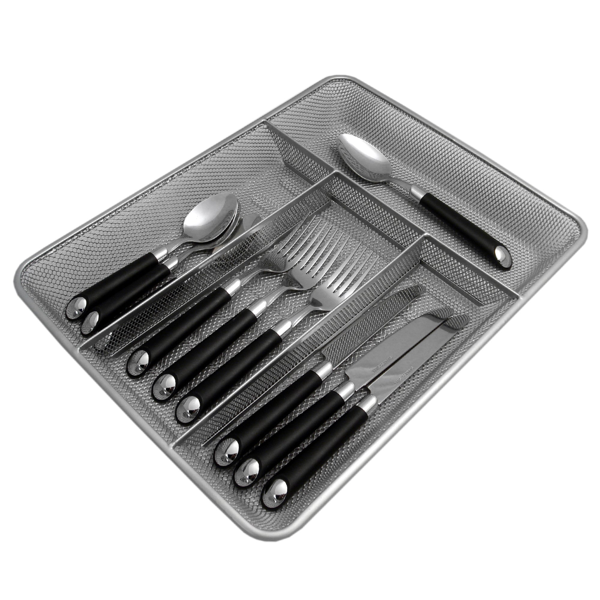 Home Basics Modern Mesh Steel Cutlery Tray with 4 Sections of Storage Space - Assorted Colors