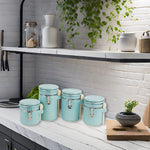 Load image into Gallery viewer, Home Basics 4 Piece Ceramic Canister Set with Wooden Spoons, Turquoise $20.00 EACH, CASE PACK OF 2
