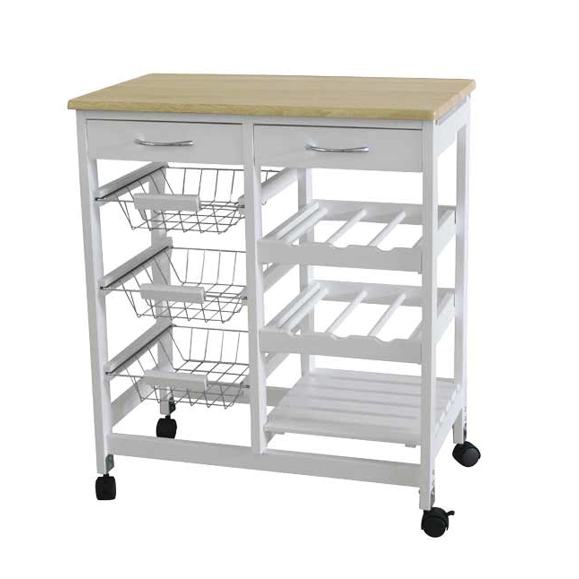 Home Basics Oak Top Rolling Kitchen Trolley with Two Drawers and Three Baskets, White $100.00 EACH, CASE PACK OF 1