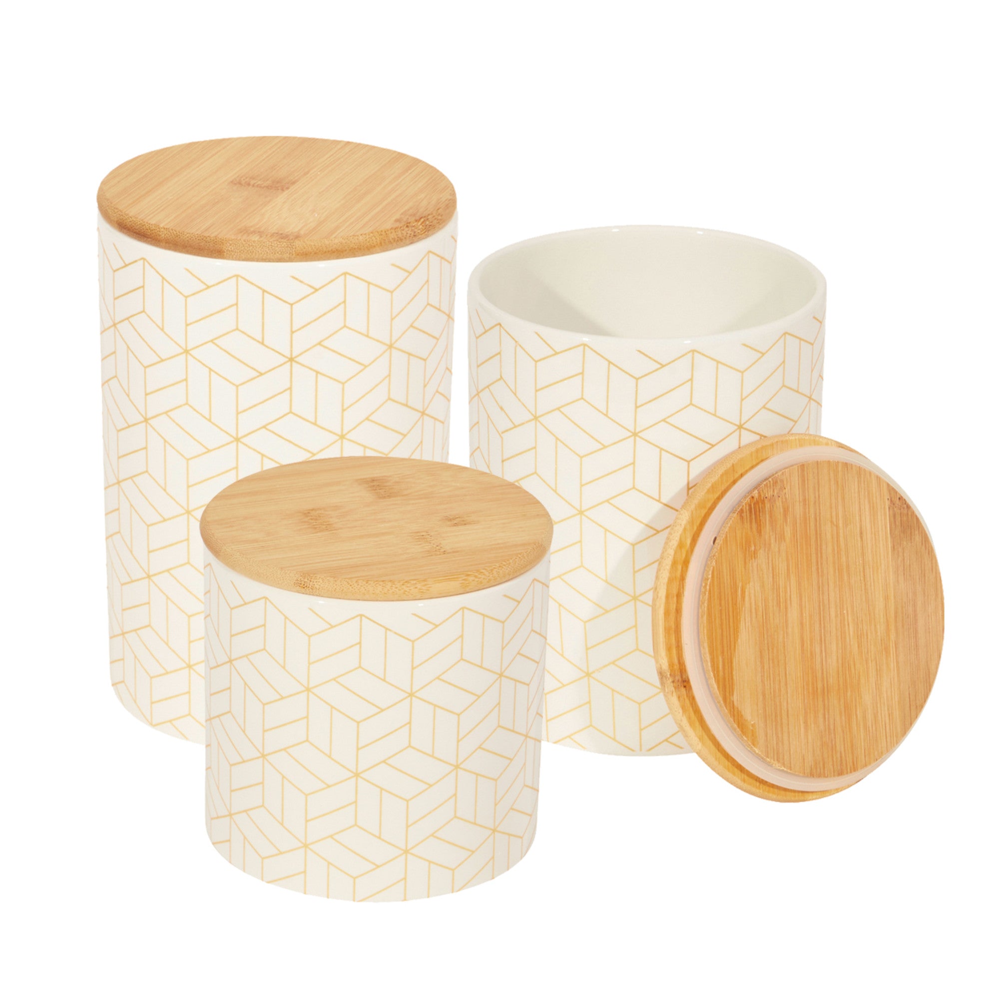 Home Basics 3-Piece Cubix Ceramic Canister Set With Bamboo Lids, Cream - Cream