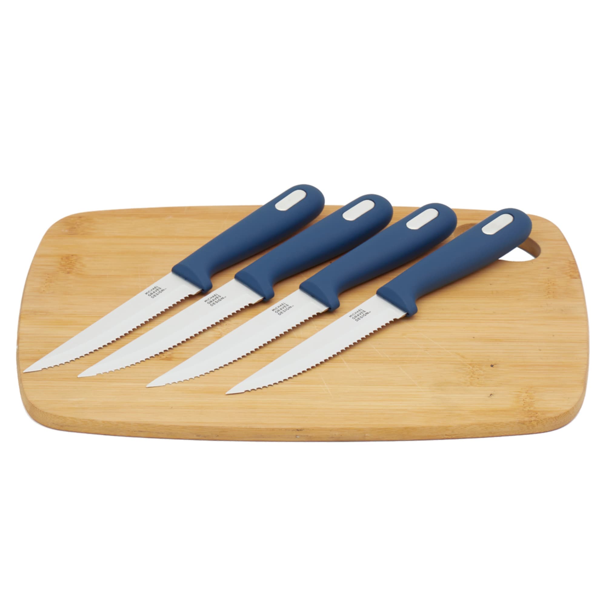 Michael Graves Design Comfortable Grip 4 Piece 4.5 Inch Stainless Steel Serrated Edge Steak Knife Set, Indigo $8.00 EACH, CASE PACK OF 24