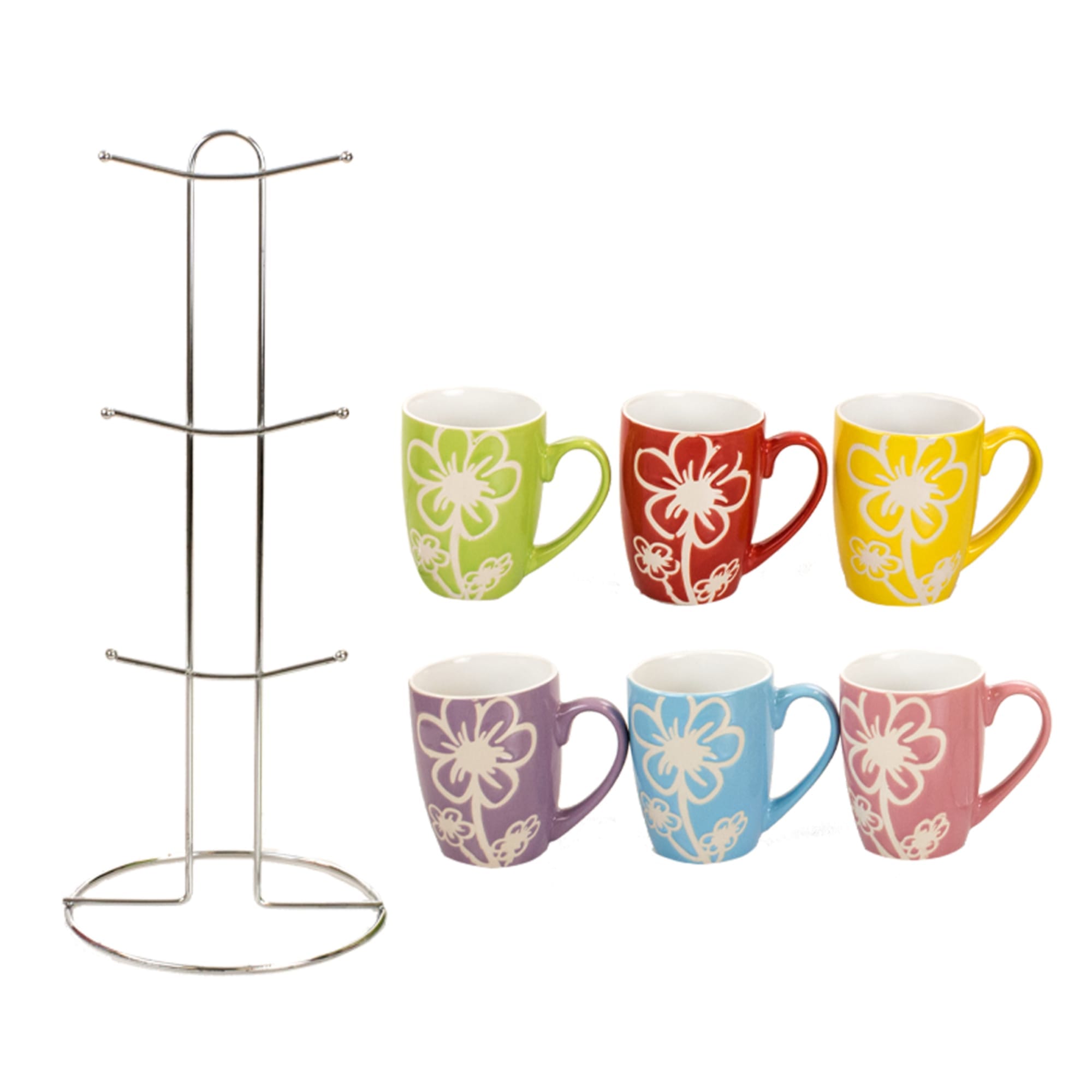 Home Basics 6 Piece Daisy  Mug Set with Stand, Multi-Color $10.00 EACH, CASE PACK OF 6