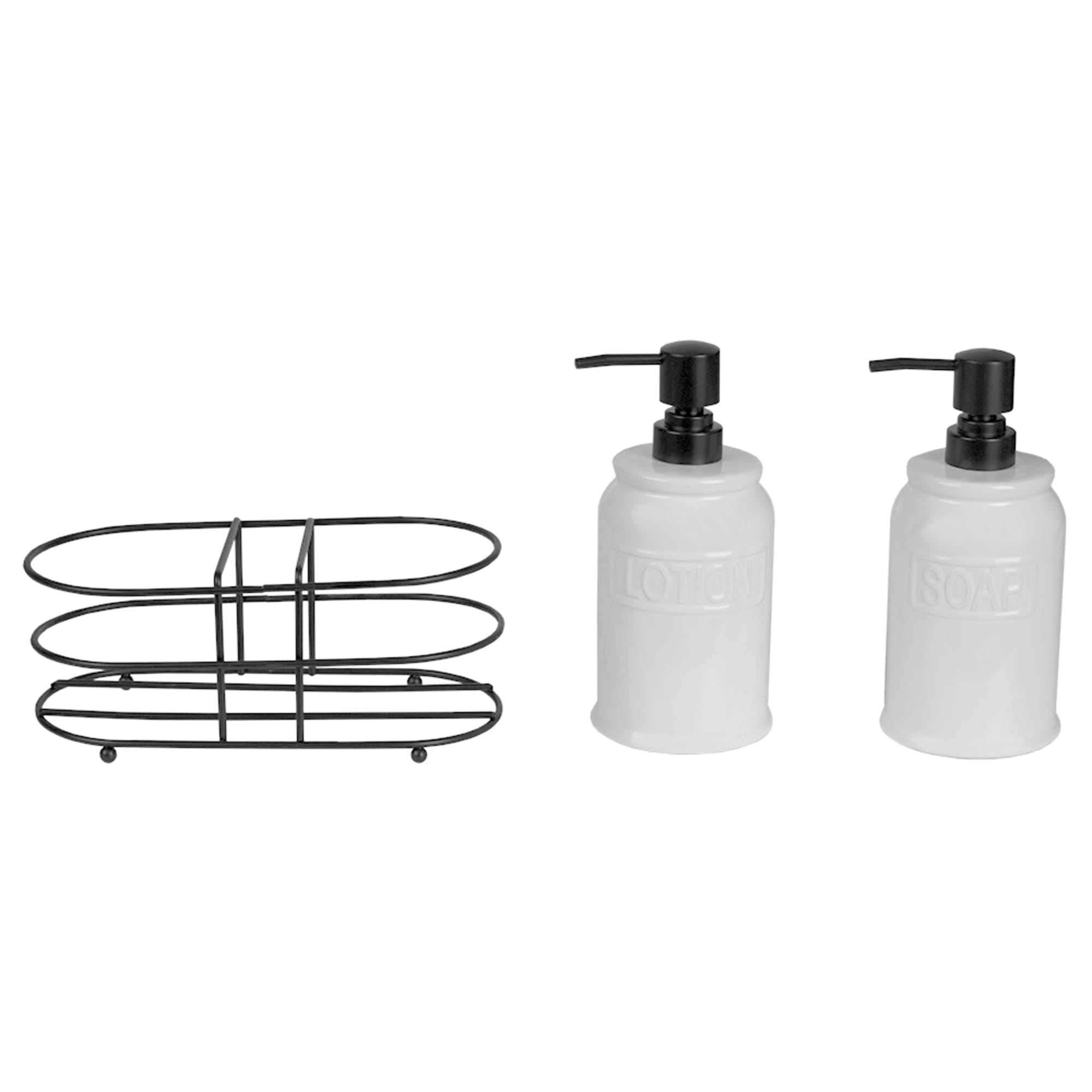 Home Basics 2 Piece Embossed Glazed Ceramic Soap Dispenser with Dual Compartment Metal Rack, White $10.00 EACH, CASE PACK OF 6