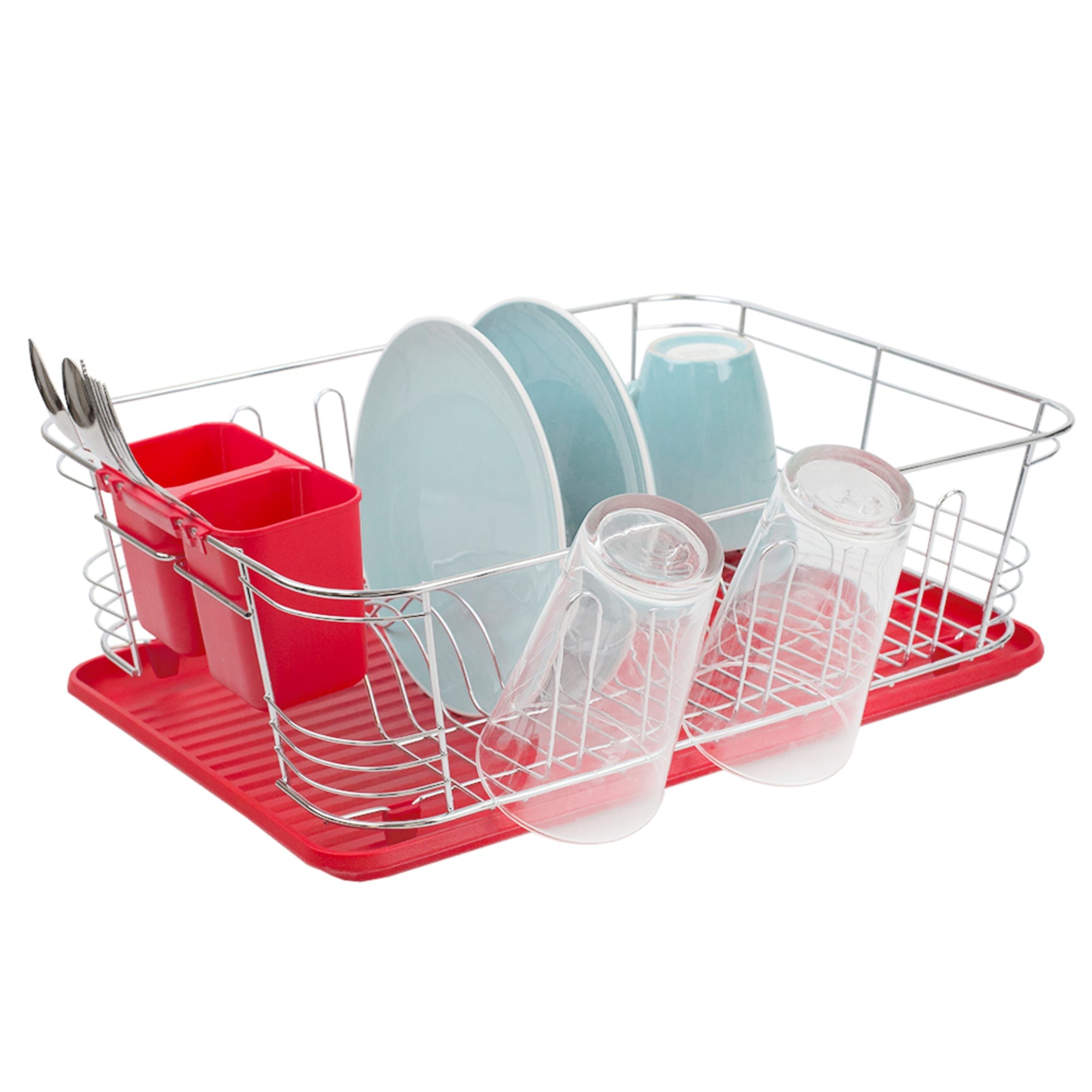 Home Basics 3 Piece  Chrome Plated Steel and Plastic Dish Rack, Red $15.00 EACH, CASE PACK OF 6