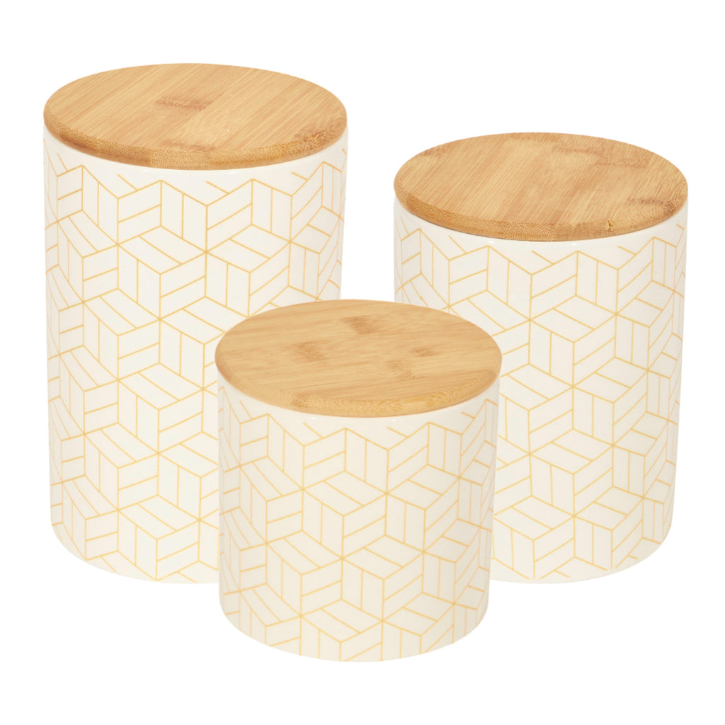 Home Basics 3-Piece Cubix Ceramic Canister Set With Bamboo Lids, Cream - Cream