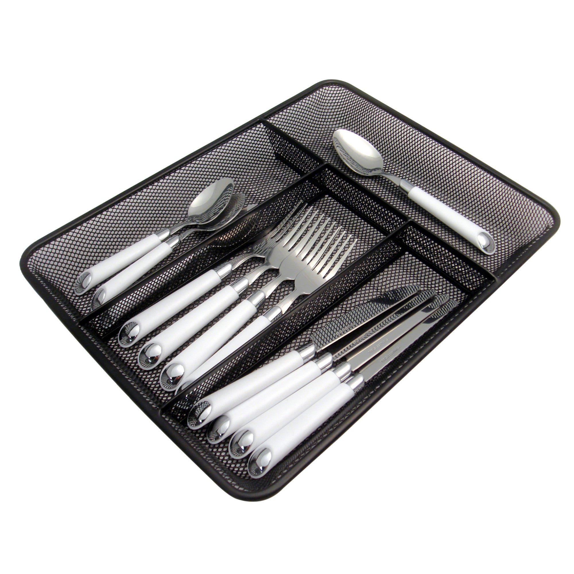 Home Basics Modern Mesh Steel Cutlery Tray with 4 Sections of Storage Space - Assorted Colors