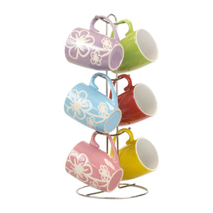 Home Basics 6 Piece Daisy  Mug Set with Stand, Multi-Color $10.00 EACH, CASE PACK OF 6