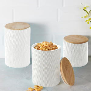 Home Basics Wave 3 Piece Ceramic Canister Set With Bamboo Tops, White $20.00 EACH, CASE PACK OF 3