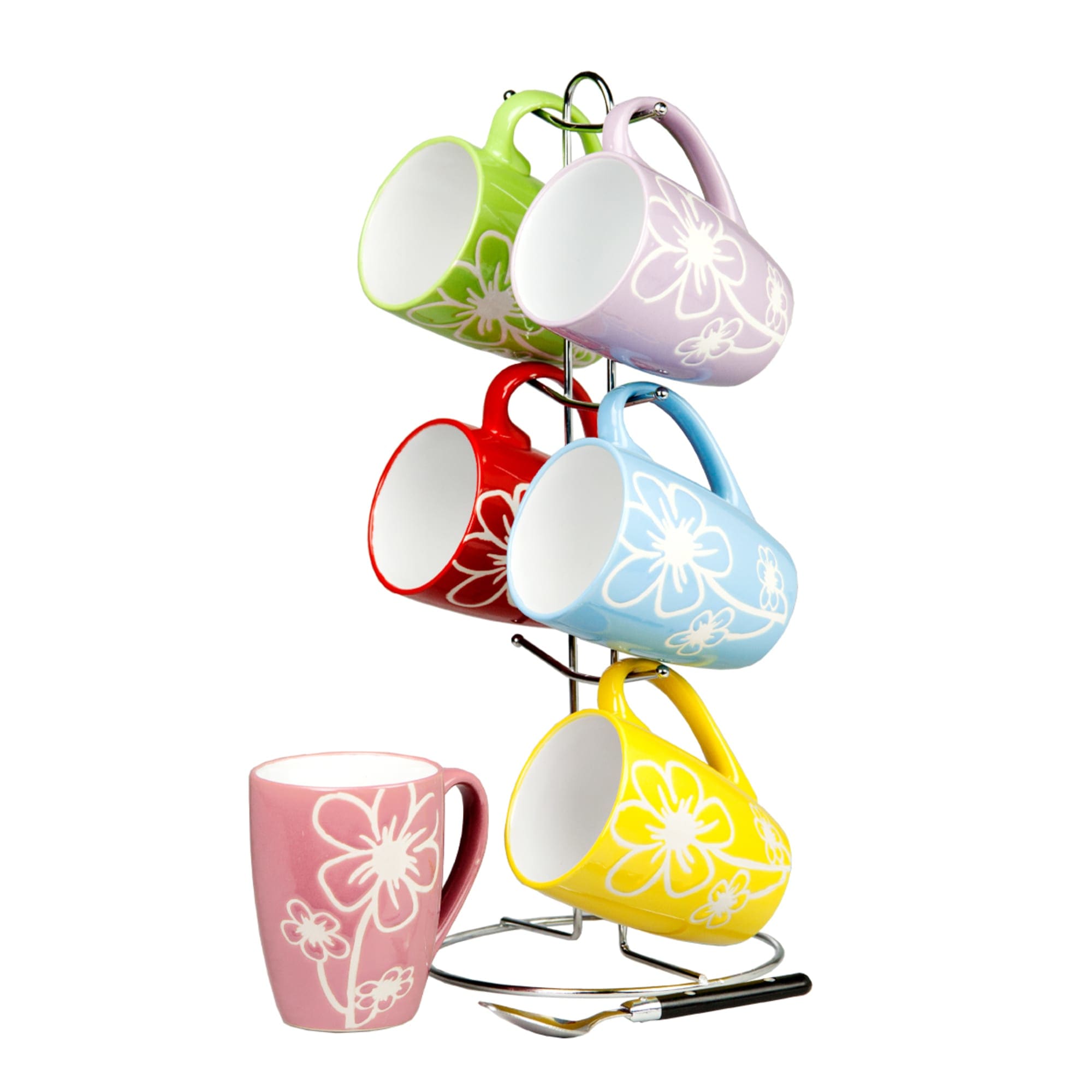 Home Basics 6 Piece Daisy  Mug Set with Stand, Multi-Color $10.00 EACH, CASE PACK OF 6