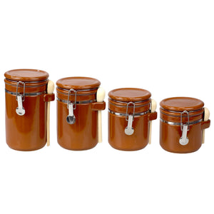 Home Basics 4 Piece Ceramic Canisters with Easy Open Air-Tight Clamp Top Lid and Wooden Spoons, Brown $20.00 EACH, CASE PACK OF 2