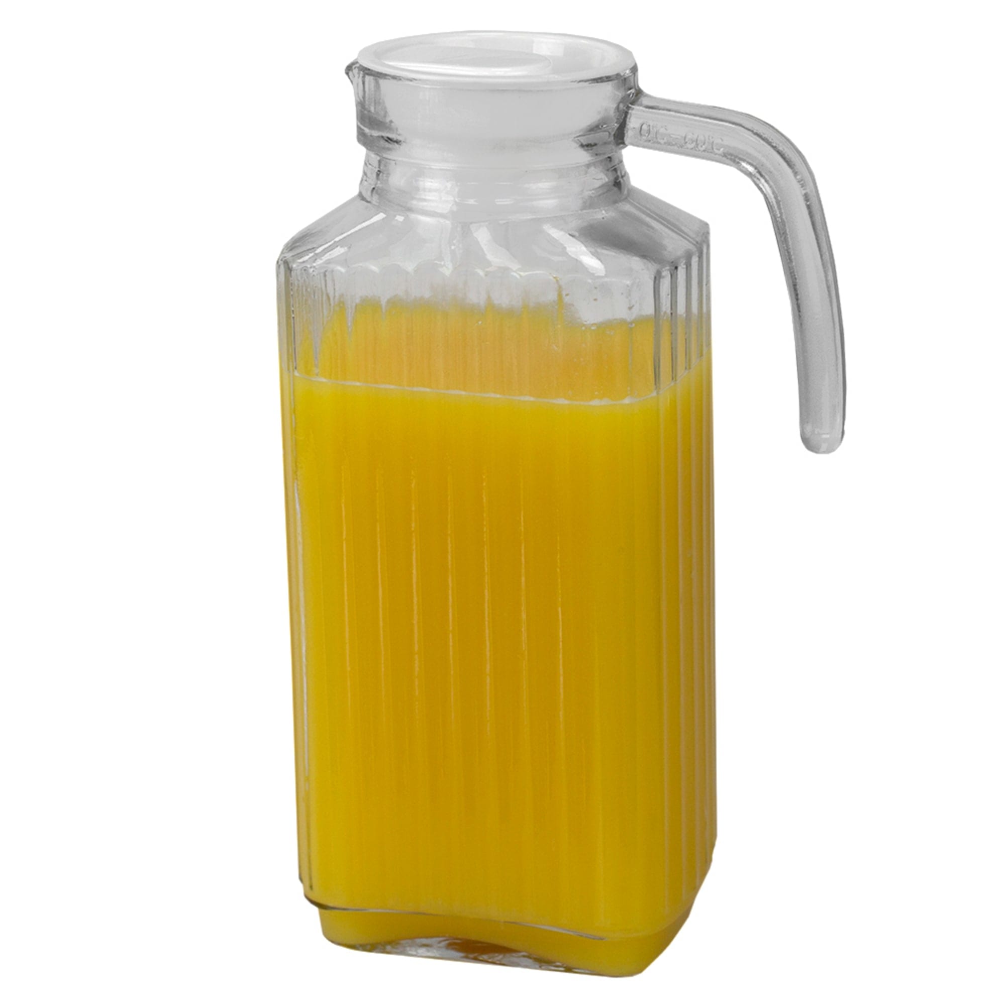 Glass and pitcher with orange juice on transparent