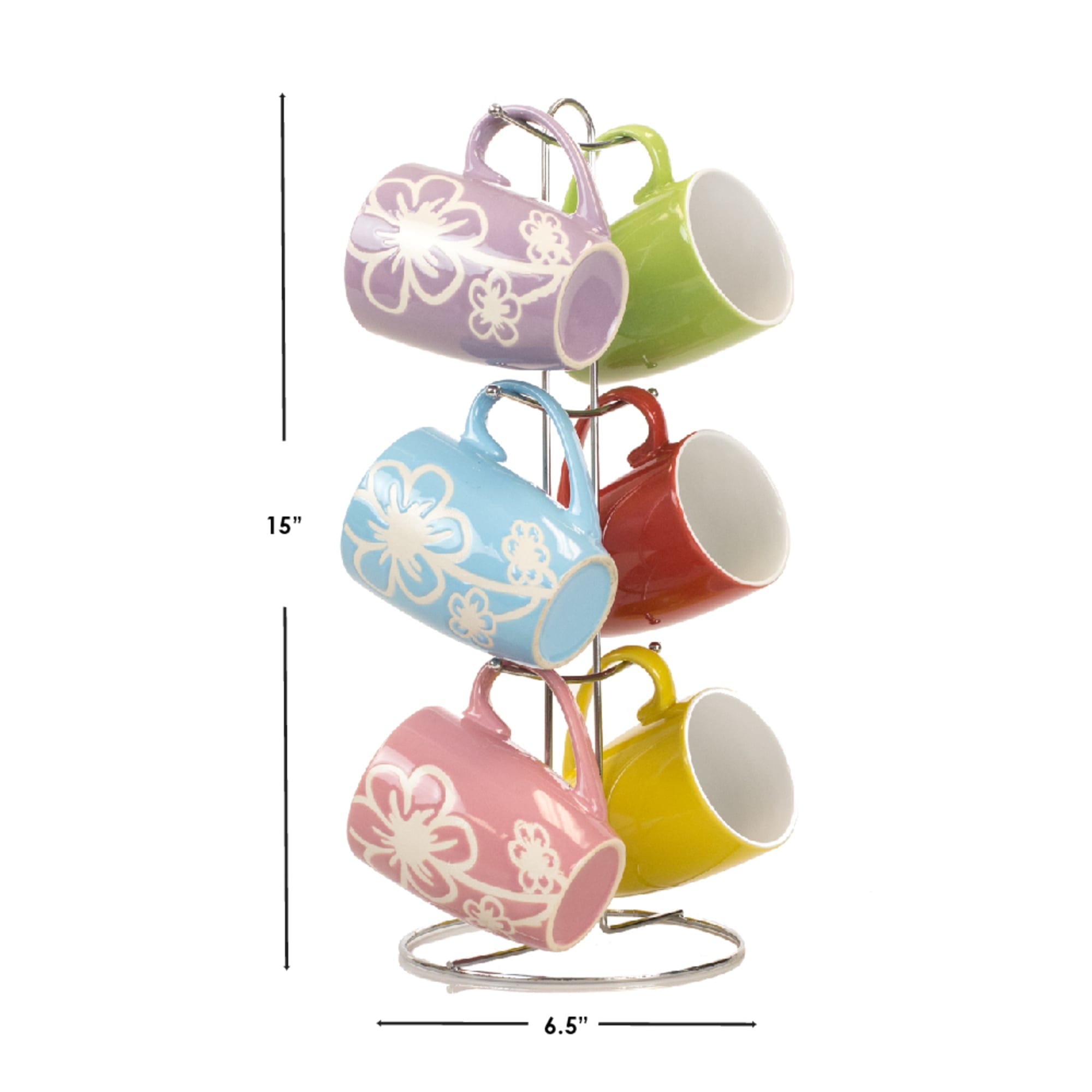 Home Basics 6 Piece Daisy  Mug Set with Stand, Multi-Color $10.00 EACH, CASE PACK OF 6