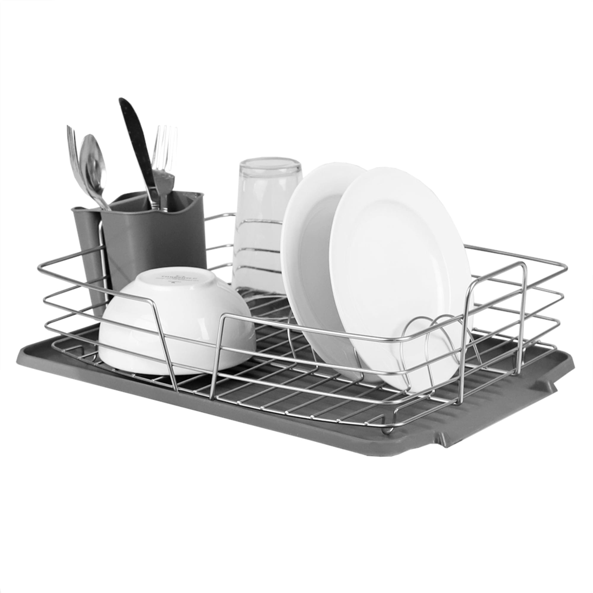 Michael Graves Design Deluxe Dish Rack with Satin Nickel Finish Wire and Removable Dual Compartment Utensil Holder, Grey/Silver $12.00 EACH, CASE PACK OF 6