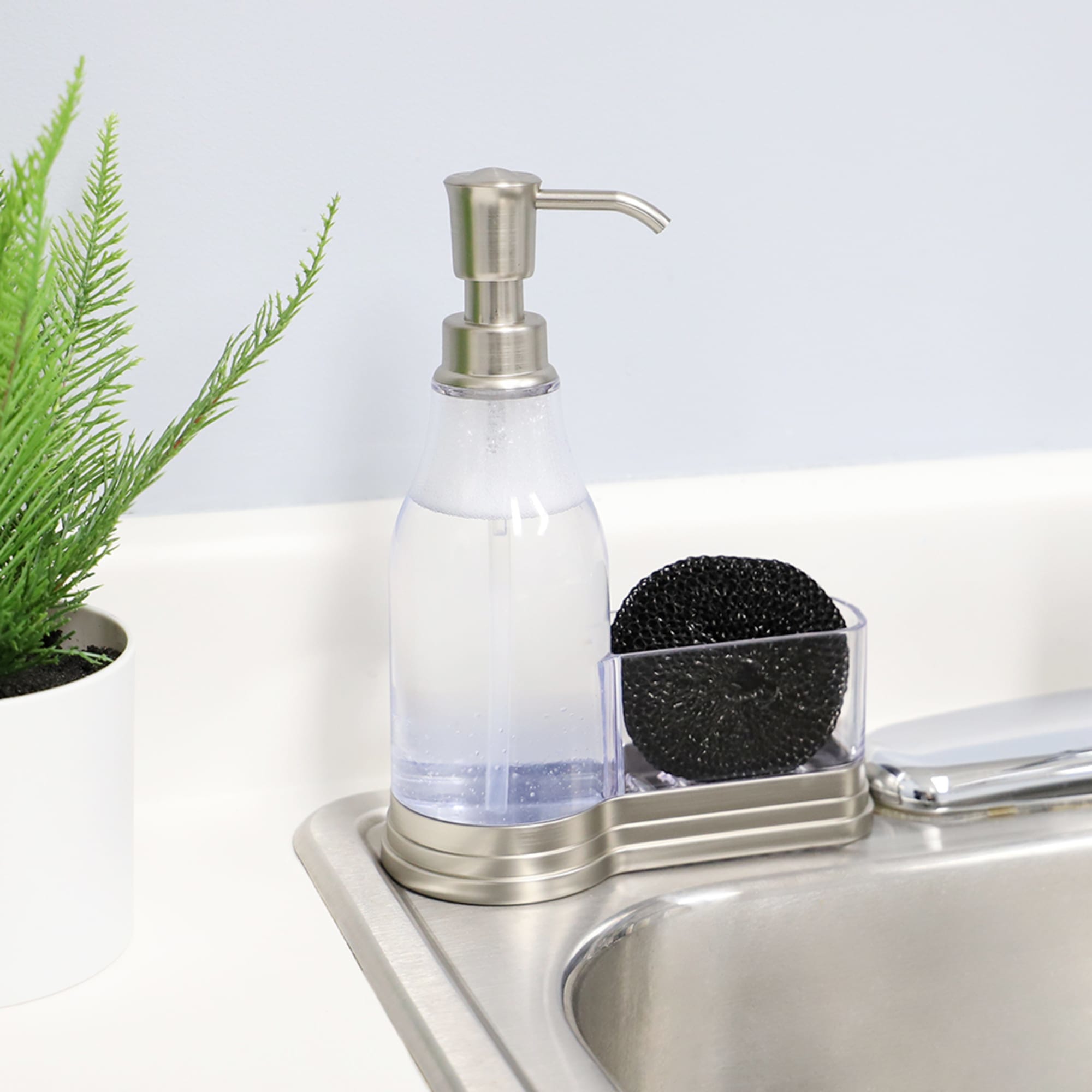 Home Basics Plastic Soap Dispenser with Brushed Steel Top and Fixed Sponge Holder, Chrome $6.00 EACH, CASE PACK OF 12