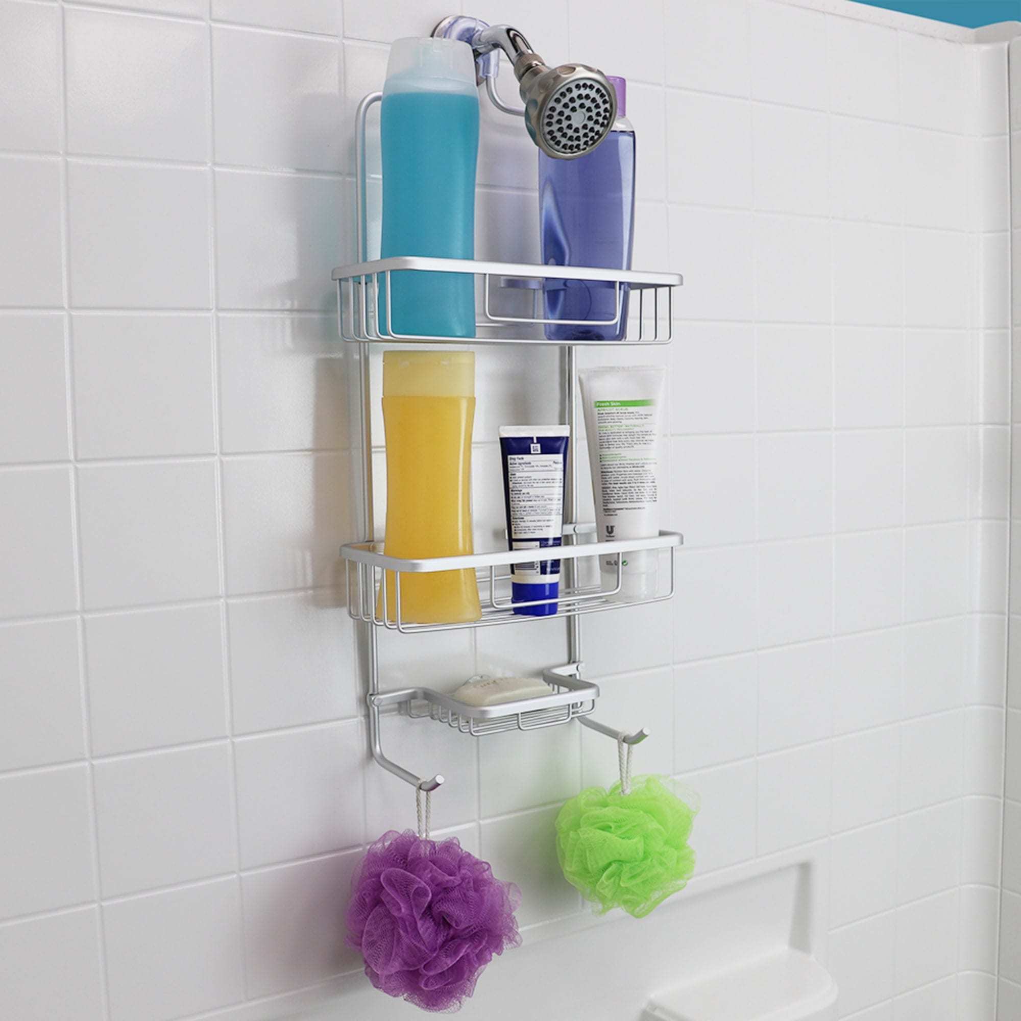 Home Basics 2 Tier Aluminum Suction Shower Caddy with Extra Long Baskets with Integrated hooks and Soap Tray, Grey $15.00 EACH, CASE PACK OF 6
