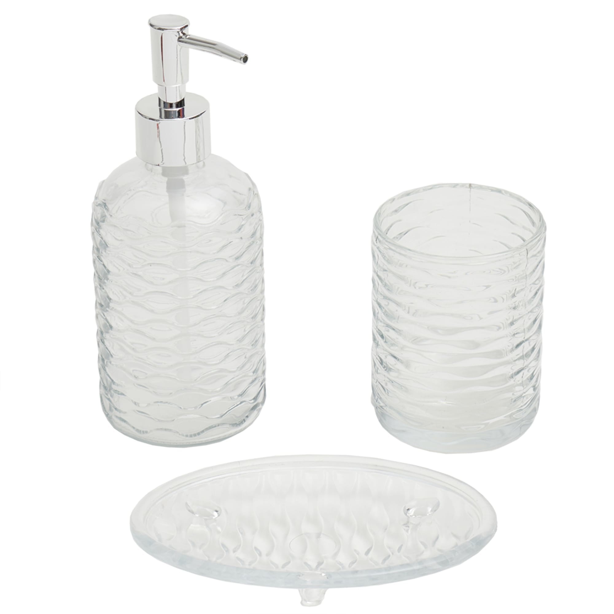 Home Basics Rippled 3 Piece Glass Bath Accessory Set, Clear $6.00 EACH, CASE PACK OF 8