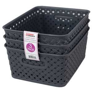 Home Basics Triple Woven 10" x 7.75" x 4" Multi-Purpose Stackable Plastic Storage Basket, (Pack of 3) - Assorted Colors