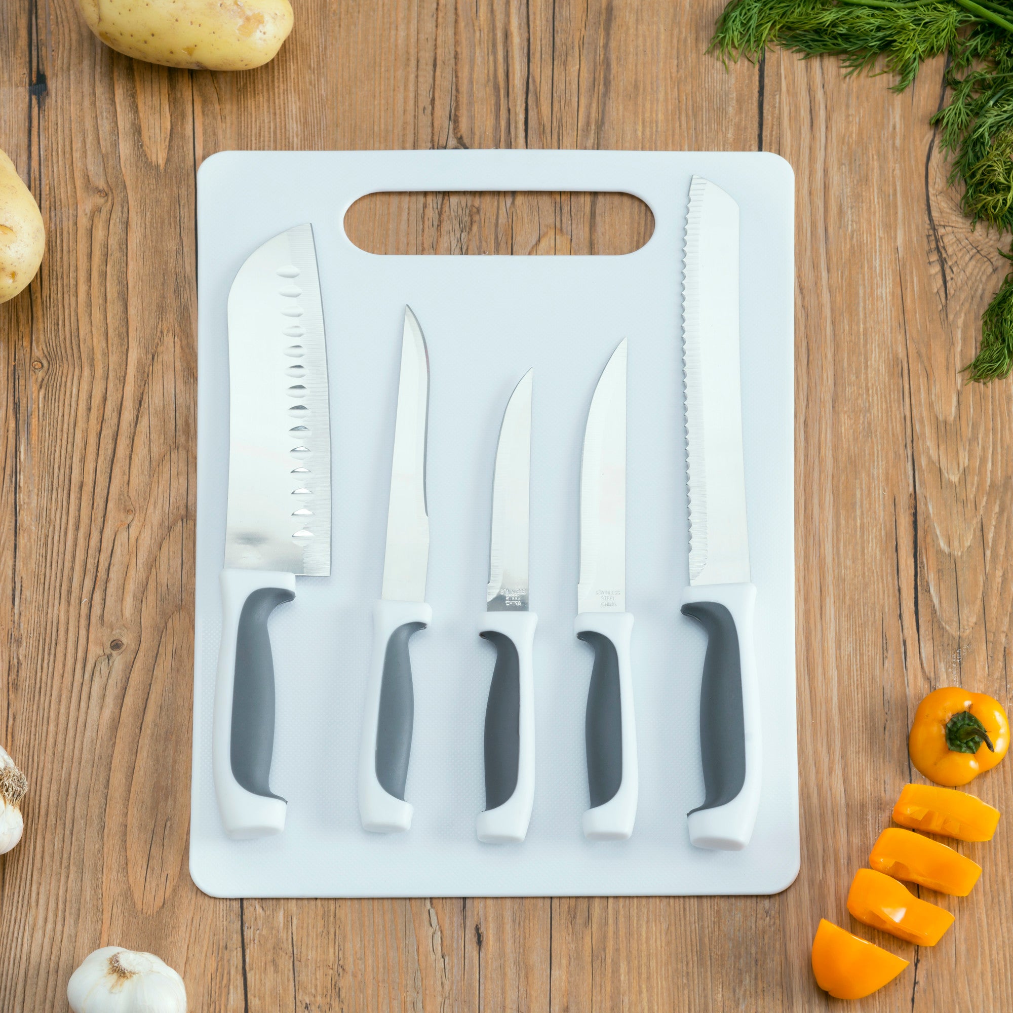 Home Basics 5 Piece Knife Set with Cutting Board - Assorted Colors