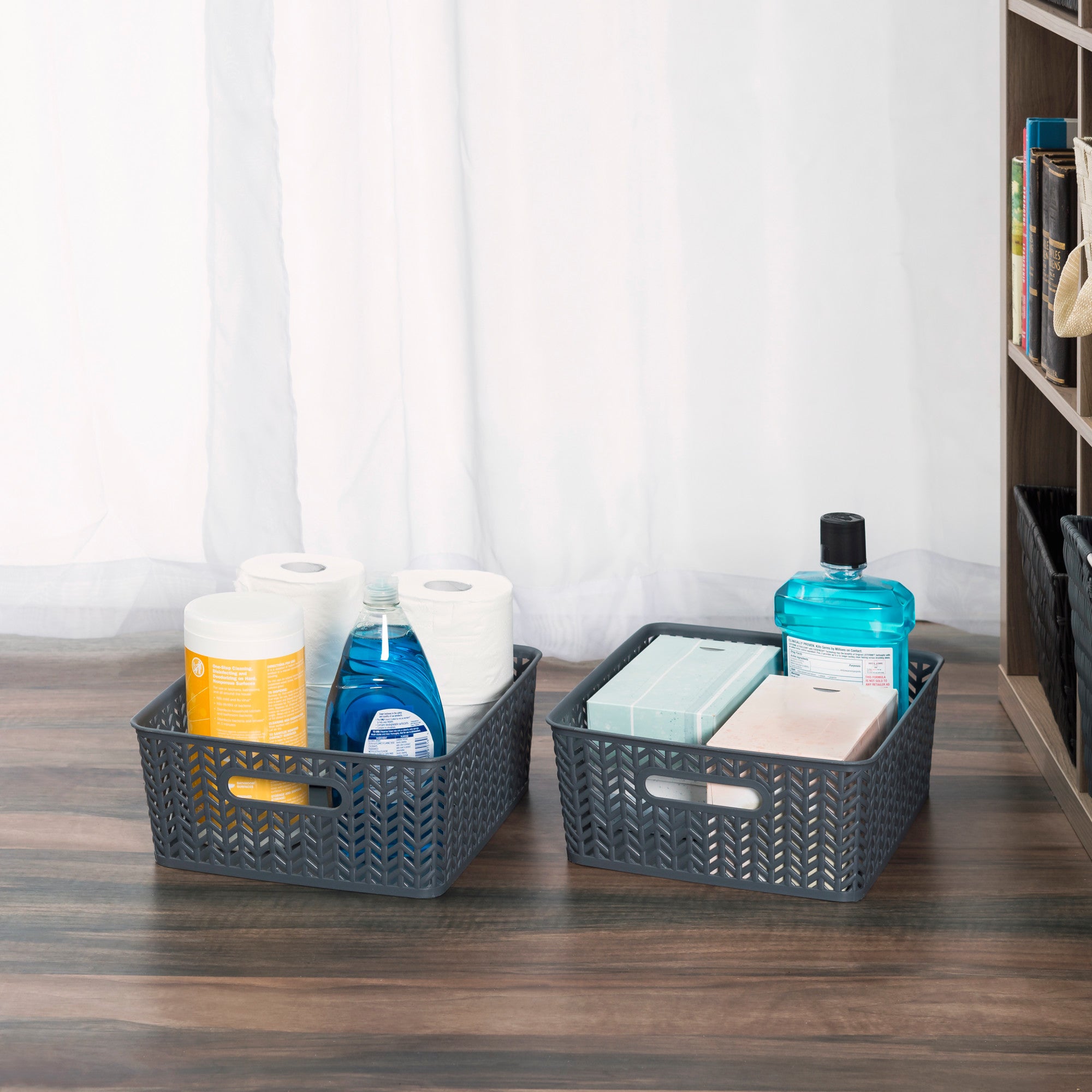 Home Basics Chevron 14" x 12" x 5.25" Multi-Purpose Stackable Plastic Storage Basket, (Pack of 2) - Assorted Colors