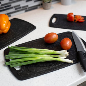 Home Basics 3 Piece Double Sided Granite  Look  Non-Slip Plastic Cutting Board Set with Deep Juice Groove and  Easy Grip Handle, Black $10.00 EACH, CASE PACK OF 6